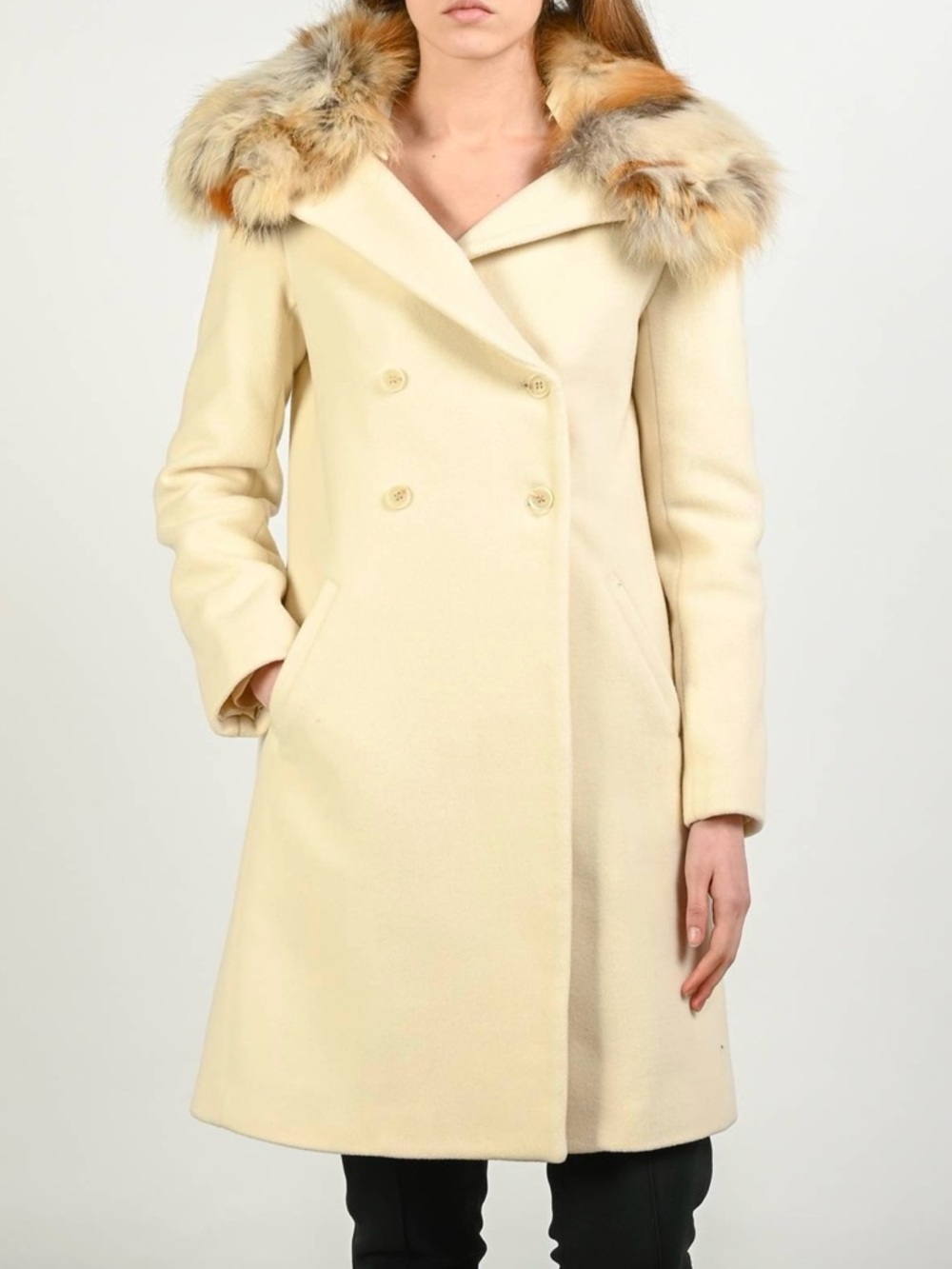 Elizabeth and James Cream Double-Breasted Pea Coat with Fur-Trim Hood